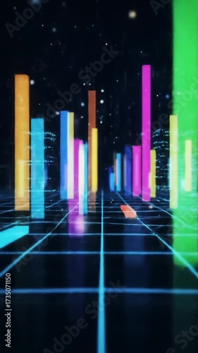 Vibrant Neon Light Towers in a Digital Cyber City Animation.