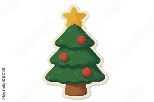 Christmas tree torn paper sticker in naive halftone collage style. Vector vintage holiday decoration. Festive retro cartoon illustration. Xmas symbol for greeting card design.