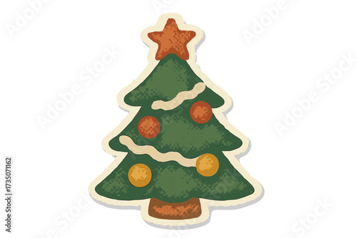 Vintage Christmas tree in torn paper collage style. Retro halftone texture sticker. Naive cartoon vector for holiday design. Festive Xmas pine tree graphic element concept.