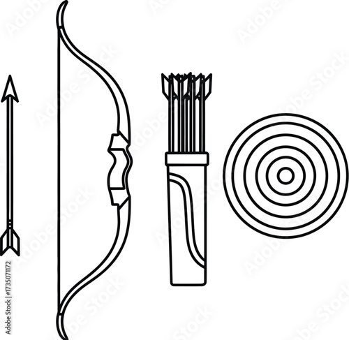Vector art of archery equipment with bow, arrow, quiver, and target