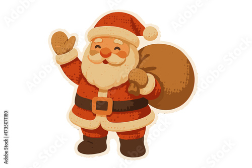 Santa Claus torn paper sticker. Christmas character in naive halftone collage style. Vintage vector cartoon illustration. Waving Santa with gift sack. Retro festive design element.