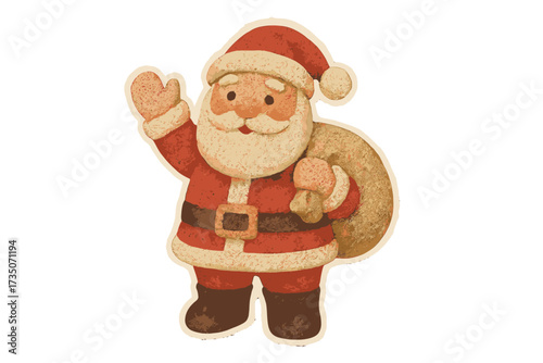 Santa Claus waving hand. Christmas torn paper sticker in naive collage style. Vector vintage clay toy illustration. Cartoon character with gift sack for xmas holiday design.
