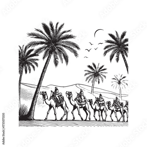 Desert Scene with Camel and Palm Tree