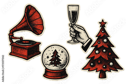 Christmas and New Year halftone collage elements set. Cut out of magazine shapes. Vintage gramophone, hand with champagne, snow globe, xmas tree. Modern retro vector objects.