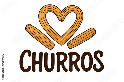 I love Churros lettering logo. Hand drawn churro sticks in a heart shape. Vector cartoon illustration for Mexican street food, bakery menu design, cafe emblem or dessert icon.