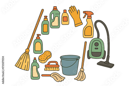 Cleaning service banner template with copy space. Vector frame of house cleaning supplies. Housework, hygiene and disinfection concept. Set of icons with broom, mop, bucket, vacuum.