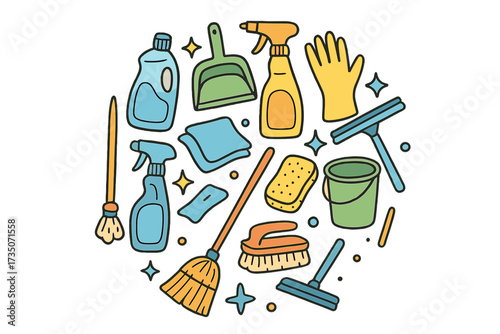 Cleaning tools round composition. Set of cleaning equipment. Collection of housekeeping symbols in doodle hand drawn style. Color vector concept illustration for domestic service.