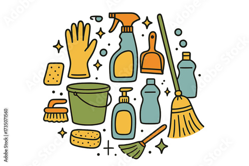 Cleaning tools round composition. Set of cleaning equipment and housekeeping symbols in doodle hand drawn style. Color conceptual vector illustration for cleaning service.