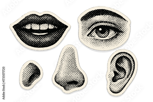 Collage design elements set in trendy y2k dotted style. Retro halftone effect. Face parts - mouth, eye, nose, ear. Vector illustration with vintage grunge punk cutout.