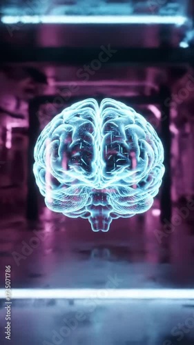 Glowing Brain in Futuristic Environment Represents Artificial Intelligence.