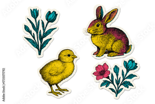 Spring paper stickers set with Easter bunny, chick, and flowers. Vintage cutout scrapbook elements with ripped paper effect. Color halftone collage in retro pop art style.