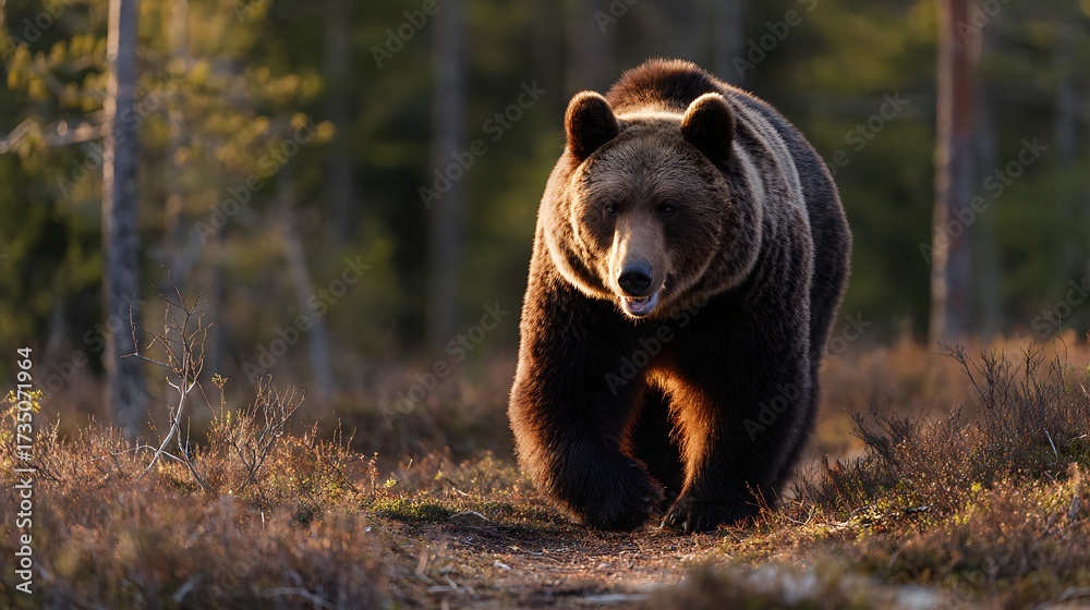 Fototapeta premium A brown bear walking towards the camera in a forest with sunlight shining on its fur and surroundings