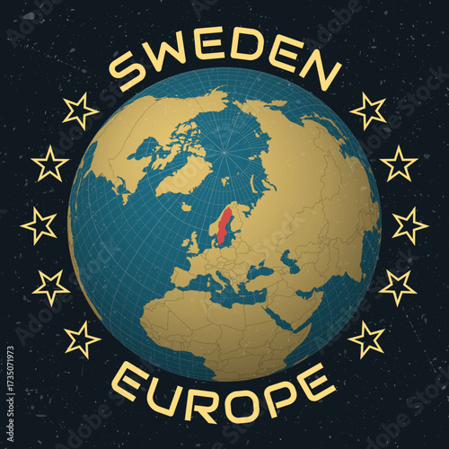 Sweden on Globe. Country name round text. Vintage look with grunge scratched texture. Country view on world map in Sky Blue Light Yellow color palette. Sweden shape on map.