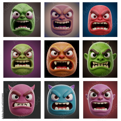 set of cartoon monsters in angry face