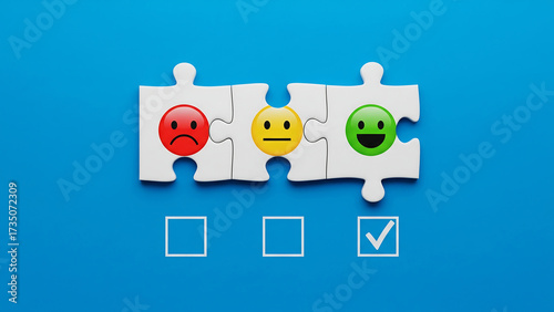 Customer satisfaction puzzle pieces with emotion faces