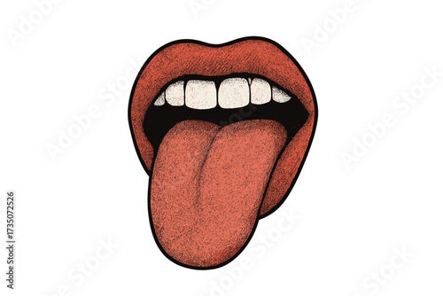 Female mouth with tongue out, pop art illustration. Beautiful lips and teeth with retro halftone texture. Vintage dotted style for mixed media design. Grunge, punk rock concept.