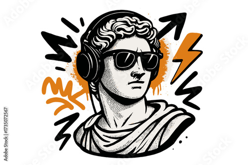 Antique Greek statue bust with headphones and sunglasses. Modern pop art collage with street art and graffiti elements. Classic sculpture meets urban culture. Vector for t-shirt.