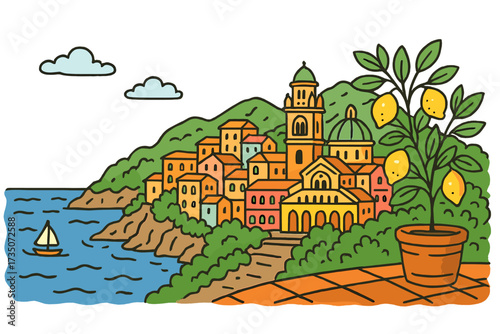 Cartoon vector of Italy's Amalfi coast. Mediterranean summer travel. Hand drawn village scene with lemon tree, sea view, and boat. Picturesque Italian vacation destination.