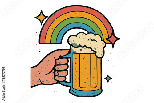 Retro cartoon hand holding beer mug under a rainbow. Halftone textured vector illustration for pride, celebration, or party. Vintage 70s y2k zine style graphic design element.