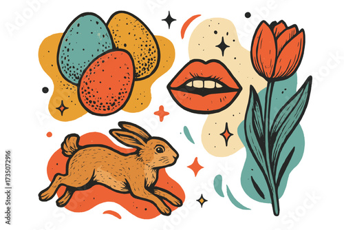 Happy Easter retro collage. Vintage pop art vector elements. Spring holiday graphic set. Rabbit bunny hunt, colored eggs, tulip flower, lips mouth. Groovy 70s sticker pack design.
