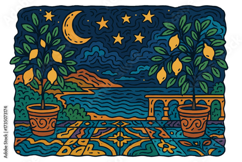 Lemon trees on a Mediterranean terrace at night. Vintage summer landscape with the sea, moon, and stars. Hand-drawn vector illustration in a psychedelic doodle style.