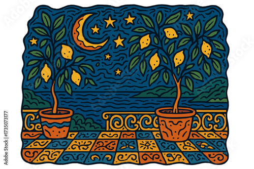Night landscape with lemon trees on an ornamental tiled terrace overlooking the Mediterranean sea. Vintage summer vibe in a groovy, hand-drawn vector doodle illustration.