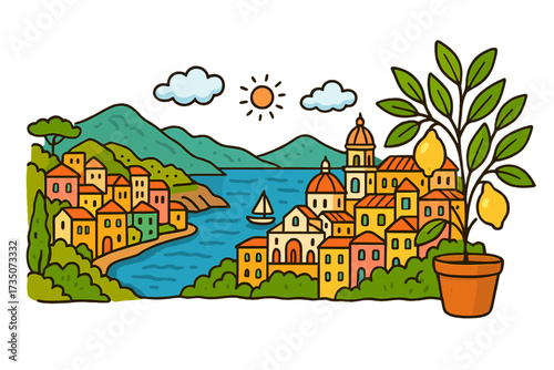 Vector illustration of Italian Mediterranean coast. Colorful banner with Amalfi landscape, buildings, sea, and potted lemon tree. Travel, tourism, summer vacation concept.