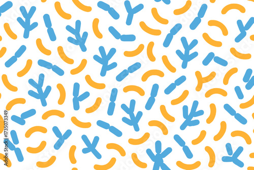 Microbiome seamless pattern. Probiotic bacteria background with lactobacillus, bifidobacteria, acidophilus. Gut flora for healthy digestion. Prebiotic microbiology vector concept.