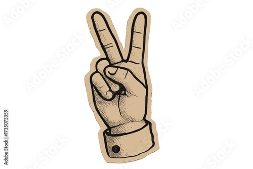 Hand peace sign gesture in vintage collage style. Two fingers V-symbol for victory, success, freedom. Retro halftone paper cutout vector illustration on transparent background.