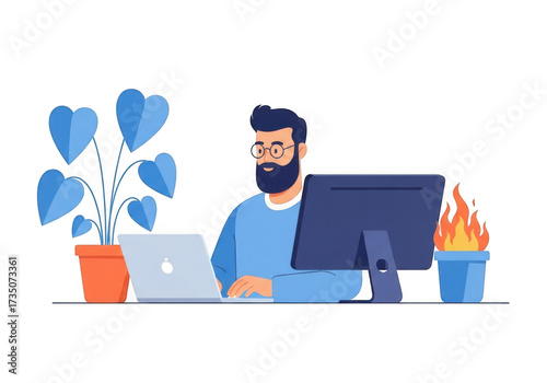 Man working on laptop and computer with plants and fire isolated on transparent background