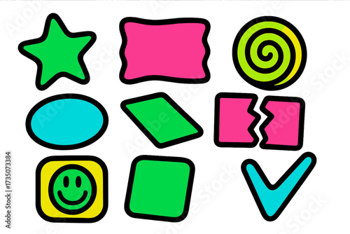 Neo-brutalist sticker pack with vibrant acid colors. Collection of distorted geometric shapes, retro Y2K patches, and trendy icons for graphic design. Modern minimalistic elements set.