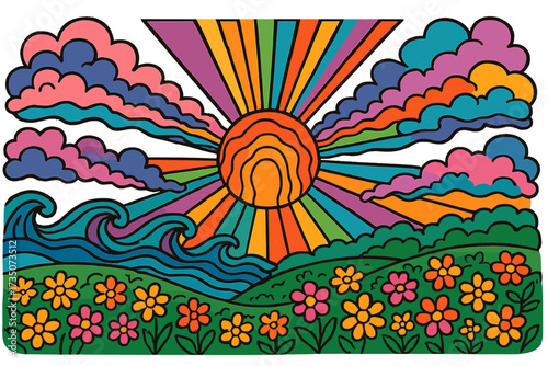 Psychedelic art landscape with sun, flower field, and waves. 1960s hippie style illustration. Groovy retro vector background with clouds, sun rays. Cartoon nature scene.