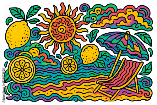 Psychedelic summer beach scene with lemons, sun lounger and umbrella. Trippy doodle illustration with vintage vibes. Groovy abstract vacation and travel concept art.