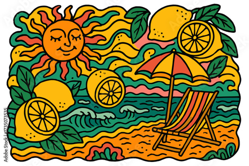 Psychedelic summer vibe with lemons and sea. Trippy doodle of a beach with sun lounger, umbrella, and smiling sun. Groovy vintage flat vector illustration for vacation concepts.