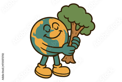 Retro groovy Earth globe hugging green tree. Happy Earth Day. 22 April. Environment friendly concept. Save the planet. Ecology. Conservation. Vintage nostalgia character vector.
