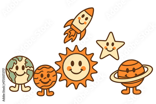 Retro groovy space character set with smiling faces. Earth, sun, planet, star, rocket and saturn mascots. Vintage 70s cosmic graphic for prints. Trendy y2k cute sticker pack.