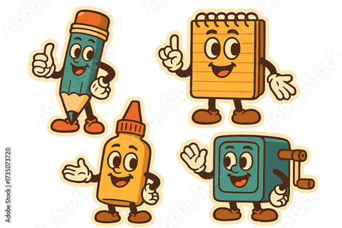 Retro stationery characters set in groovy 70s cartoon style. Vintage school supplies mascots collection. Cute pencil, notebook, glue, sharpener sticker pack. Old animation.