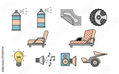 Collection of flat design icons for various products