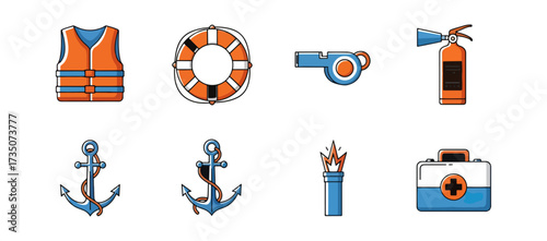 Nautical safety equipment icons on black background