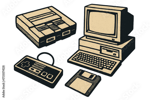 Retro video game console, classic PC, controller, floppy disk. Nostalgic 90s electronics set. Old school gamer collection with vintage hardware in a halftone dot texture vector.