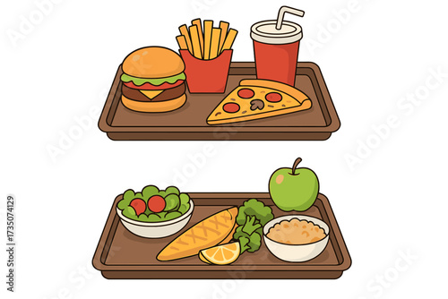 Healthy vs unhealthy food choice concept. Fast food junk lunch on one tray, balanced diet meal on another. Nutrition decision vector illustration. Diet comparison lifestyle.