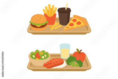 Healthy vs unhealthy food choice concept. Fast food versus balanced diet meal on trays. Nutrition decision, lifestyle comparison. Good and bad fat carbs vector illustration.