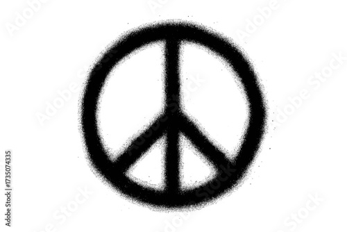 Spray painted graffiti peace symbol with over spray effect, hand drawn black peace sign on white background, urban street art style peace concept symbol vector graphic