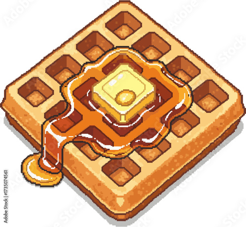 Pixel art illustration of a waffle topped with a pat of butter and drizzled with syrup.