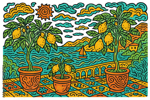 Vibrant summer Mediterranean coast landscape with potted lemon trees on colorful Italian tile floor, hand-drawn doodle style, vintage citrus garden, sunny seaside scene