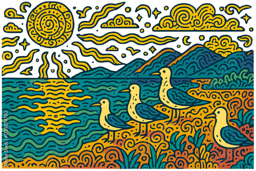 Summer landscape with potted lemon trees, Italian tile floor, Mediterranean coast, trippy doodle style, vintage summer evening vibe, hand-drawn colorful seascape with birds and hills