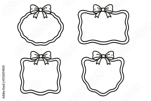 Vintage hand-drawn doodle frame set with bows, retro wavy borders for greeting cards, wedding invitations, birthday parties, holiday celebrations, and festive menus