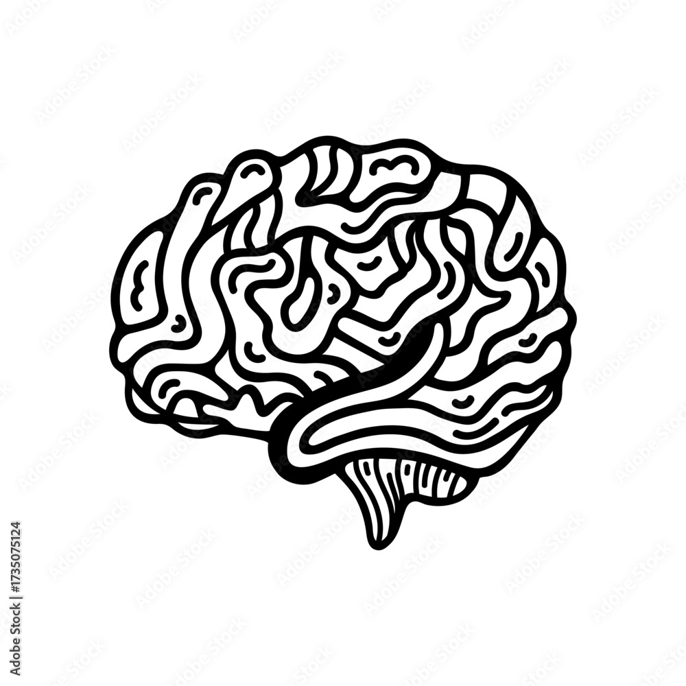 Obraz premium Vector illustration human brain. Hand drawn neural organ. Symbol of logic, intelligence, imagination. Isolated black and white doodle. Clipart for psychology, anatomy, medical projects. Side view