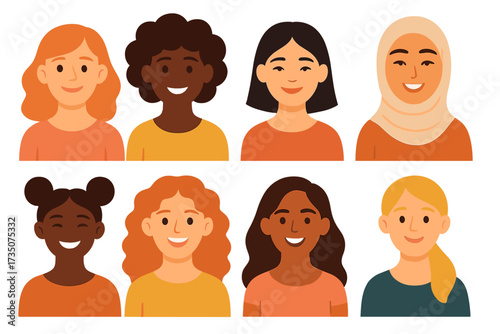 Set of diverse female portraits. Women of different ethnicities and cultures. Multicultural society and community. Concept for women's day, empowerment, girl power. Vector flat illustration.