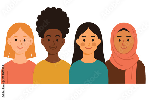 Female diverse faces of different ethnicities and cultures. Group of multicultural women. Concept for woman empowerment, girl power, sisterhood, gender equality, and feminism.